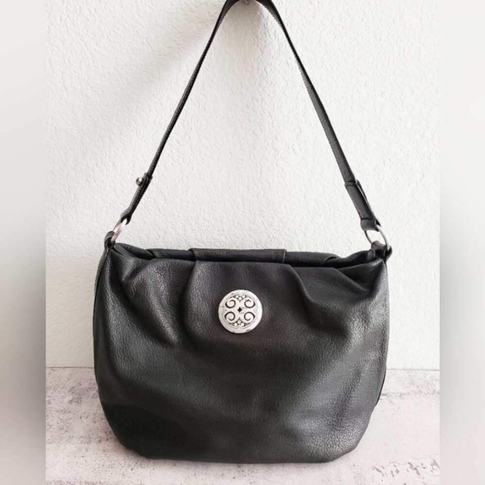 Brighton Pebbled Leather Concho Detail Black Slouchy Shoulder Bag